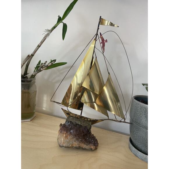 RARE Brass and Amethyst Crystal Sculpture - 80s Vintage GRAIL Suspected Demott